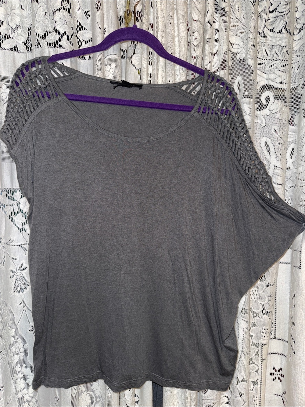 AllSaints Gray Crochet Shoulder Tunic Top